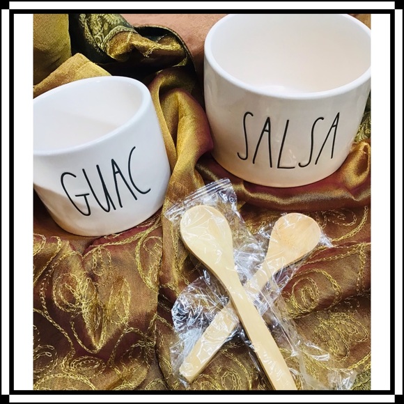 Rae Dunn SALSA & GUACAMOLE Serving Bowl Set + 2 Wooden Spoons NIB - Picture 8 of 10